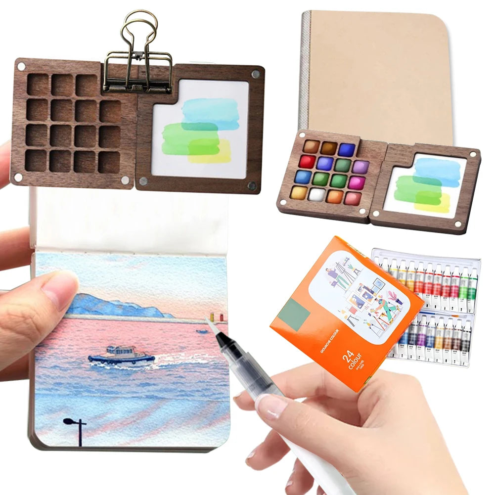 8/15 Colors Portable Travel Gouache Palette Set Mini Walnut Paint Box Artist Gouache Paint Palette Sketchbook Art Supplies