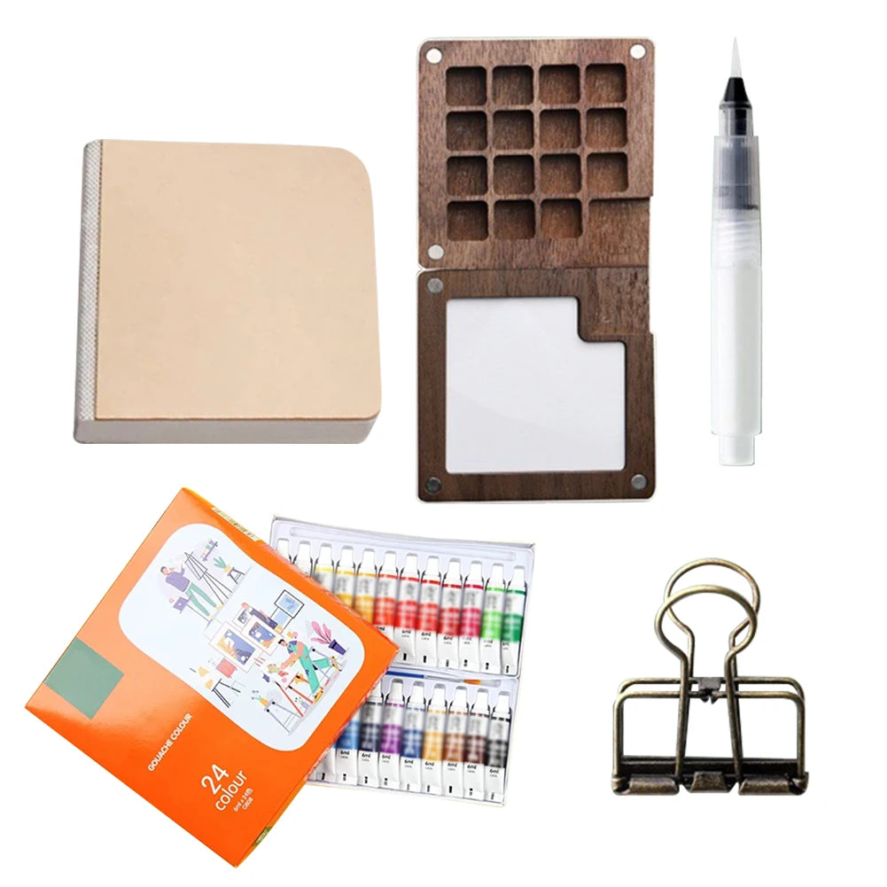 8/15 Colors Portable Travel Gouache Palette Set Mini Walnut Paint Box Artist Gouache Paint Palette Sketchbook Art Supplies