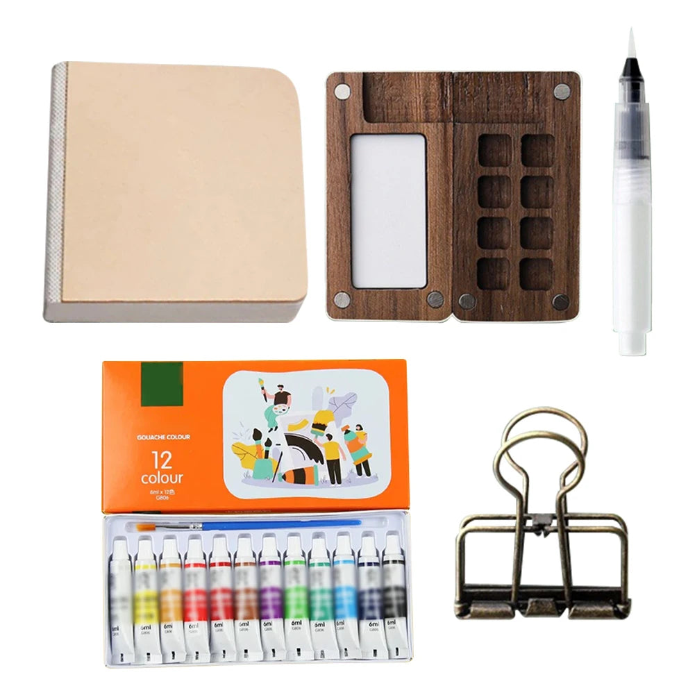 8/15 Colors Portable Travel Gouache Palette Set Mini Walnut Paint Box Artist Gouache Paint Palette Sketchbook Art Supplies
